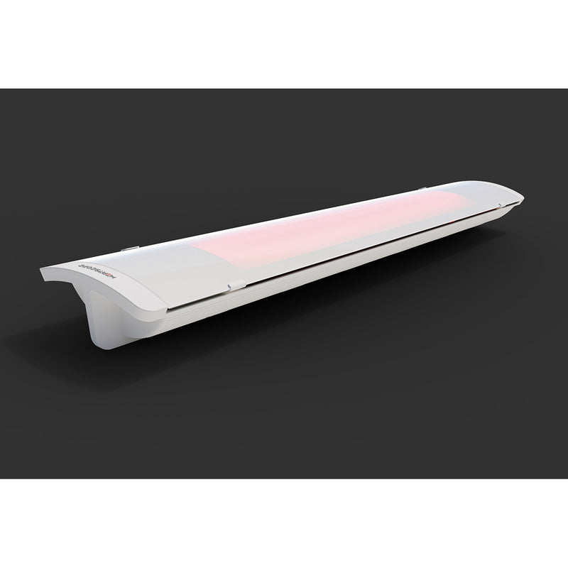 White Heatscope Outdoor Pure+ heater set against a dark grey background, providing warmth for outdoor living with a sleek and modern design.