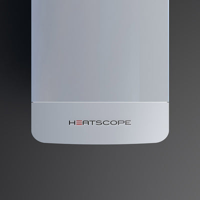 Close-up of the 'HeatScope' logo on the side of a white Heatscope Outdoor Pure+ heater, against a grey background, emphasizing its quality for outdoor living.
