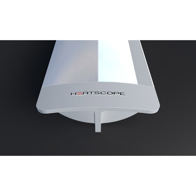 Close-up of the 'HeatScope' logo on the side of a white Heatscope Outdoor Pure+ heater, viewed from a slight angle against a grey background, highlighting its branding for outdoor living.