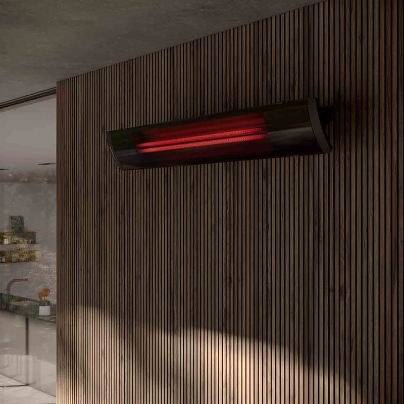 A stylish Heatscope Outdoor Pure+ 3000W heater installed on a wooden wall, providing warmth and a modern look for outdoor living spaces.