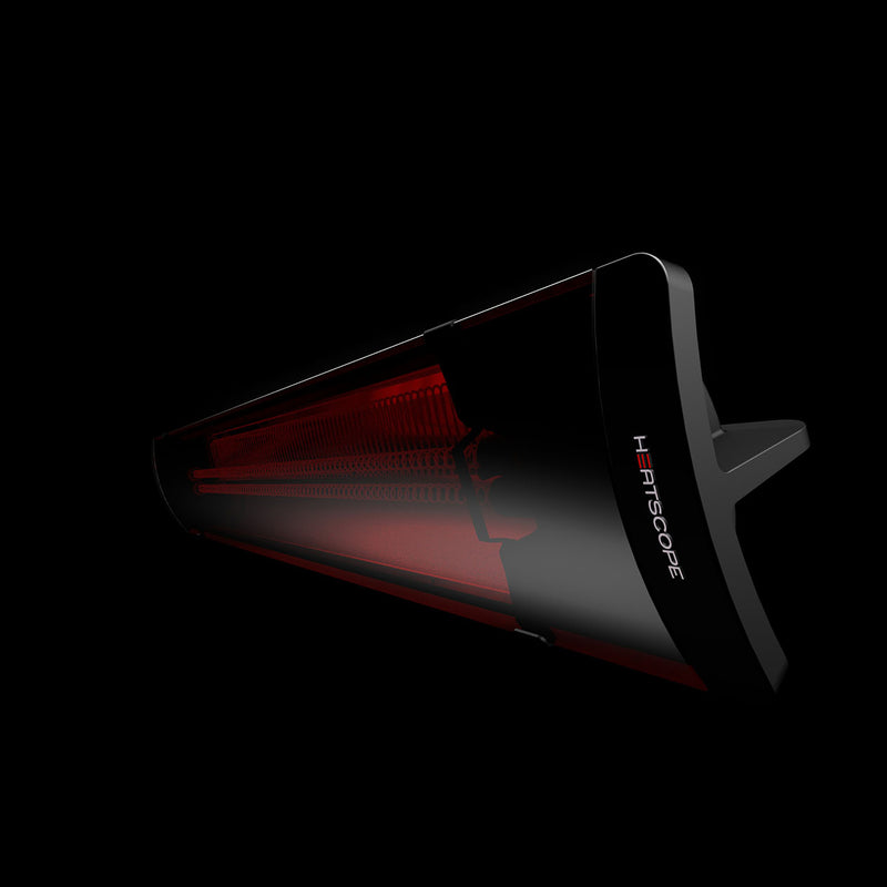 Close-up view of a black Heatscope Outdoor Pure+ heater set against a black background, offering both warmth and an elegant aesthetic for outdoor living.