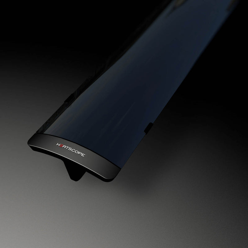 Black Heatscope Outdoor Pure+ heater positioned against a dark grey background, creating a stylish, moody look for outdoor living areas.