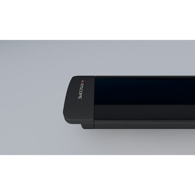 Side view of a black Heatscope Outdoor Pure+ heater set against a grey background, providing efficient heating for outdoor living areas.