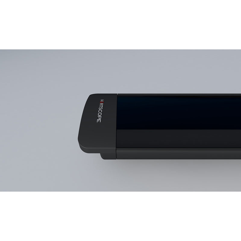 Side view of a black Heatscope Outdoor Pure+ heater set against a grey background, providing efficient heating for outdoor living areas.