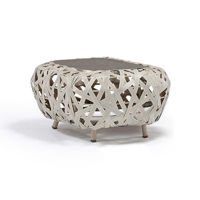 55 cm beige wicker & ceramic 'Rhodes' square outdoor coffee table, great for alfresco furniture setups displayed on a plain white background, viewed from a front angle.