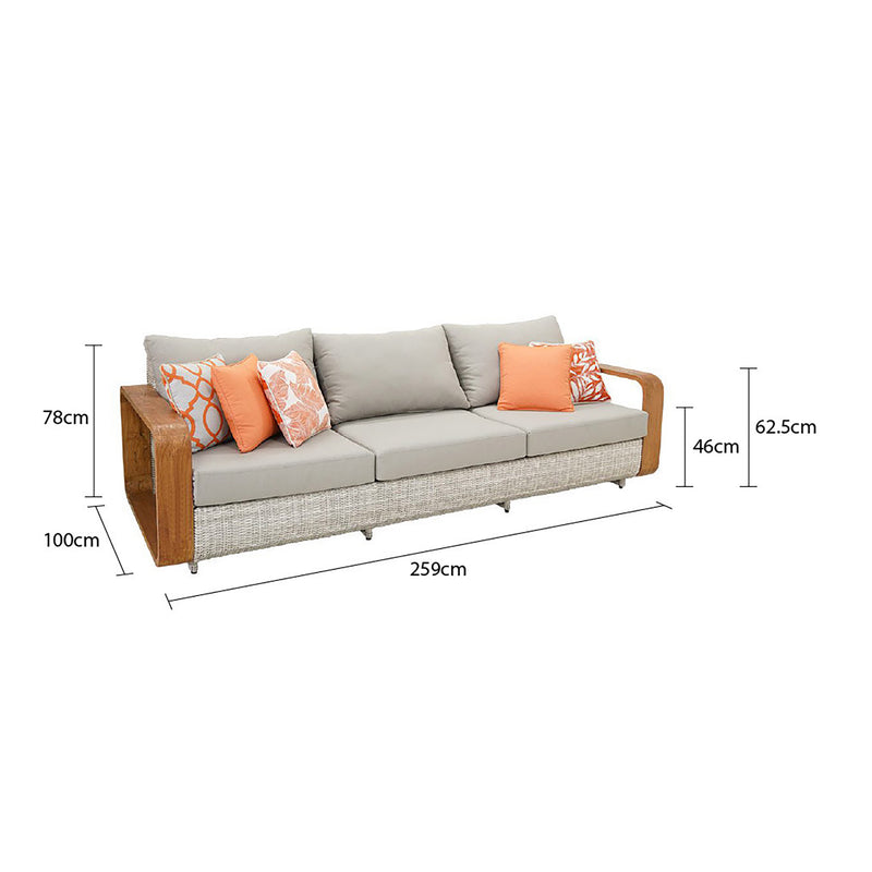 3 Seater Wicker Outdoor Lounge in White with grey upholstery and teak wooden armframe, accessorised with orange throw pillows, showcased on a white background. Dimensions: 78 cm tall, 100 cm wide, and 259 cm long.