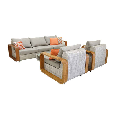 Rossland outdoor lounge collection featuring a wicker lounge chair, 2-seater, 3-seater, 4-seater and 5-seater sofas with teak arms and orange pillows.