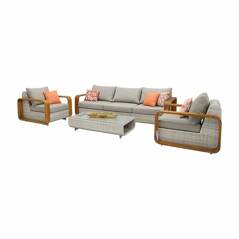 Rossland outdoor lounge collection featuring a wicker lounge chair, 2-seater, 3-seater, 4-seater and 5-seater sofas with teak arms and orange pillows, and a coffee table with plants.