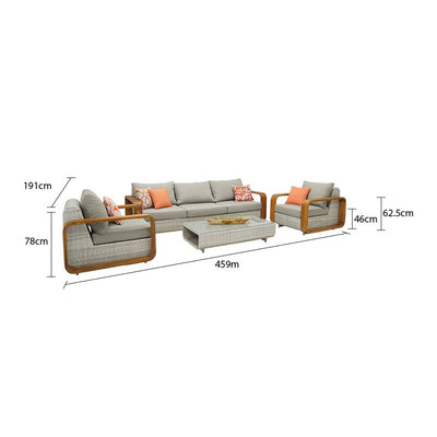 Rossland outdoor lounge collection featuring a wicker lounge chair, 2-seater, 3-seater, 4-seater and 5-seater sofas with teak arms and orange pillows, and a coffee table with plants.