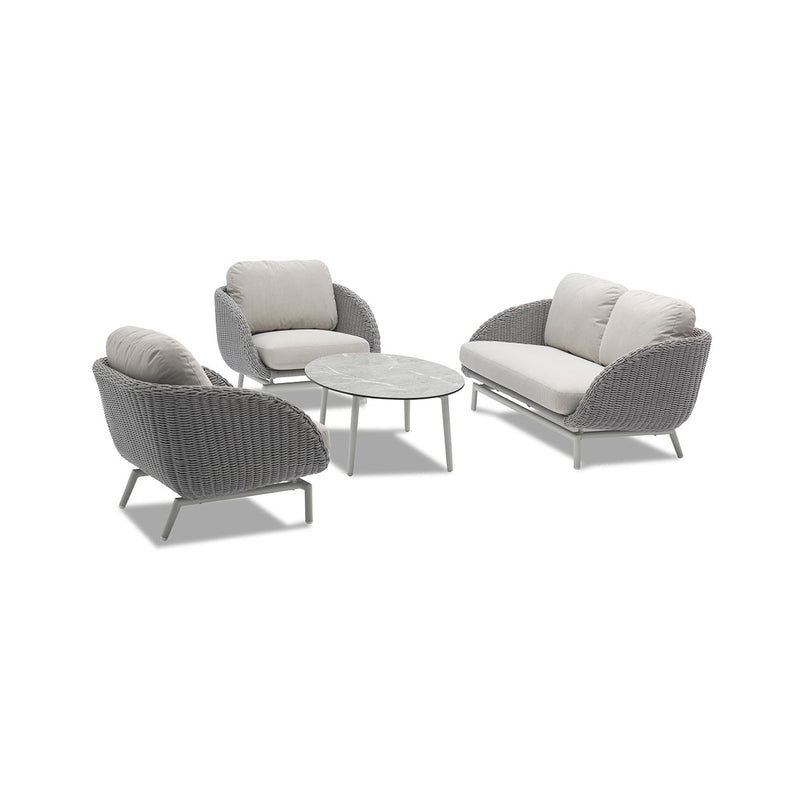 Sorrento 4-seater outdoor lounge setting with a coffee table, set against a plain white background, showcasing stylish and modern alfresco furniture.