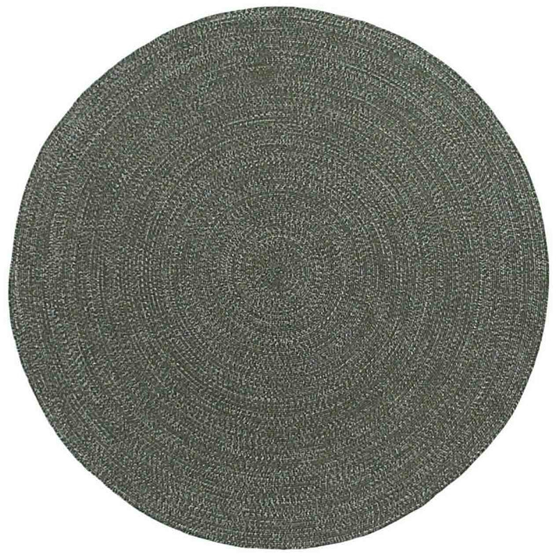 Dark-grey round rug set against a plain white background, designed for outdoor furniture use.