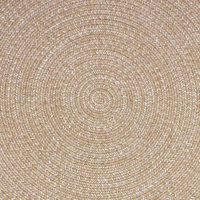 Close-up of a light-brown round rug, showcasing the circular pattern, perfect for complementing outdoor furniture.