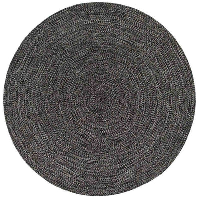 Black round rug set against a plain white background, perfect for enhancing outdoor furniture spaces.