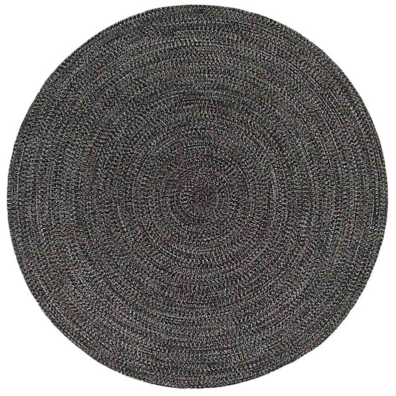 Black round rug set against a plain white background, perfect for enhancing outdoor furniture spaces.
