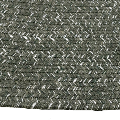 Extreme close-up of a dark-grey round rug, highlighting intricate pattern, set against a plain white background.