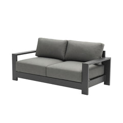The dark grey aluminium 'Skyline' 2 seater outdoor lounge, great for enhancing outdoor living, is displayed on a plain white background, viewed from a front angle.