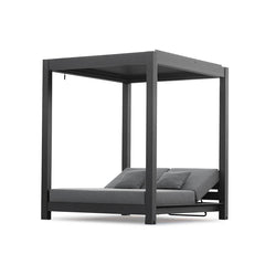 The dark grey aluminium 'Skyline' outdoor daybed, great for enhancing outdoor living, is displayed on a plain white background, viewed from a front angle.