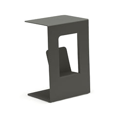 One of our dark grey aluminium 'Sofia' outdoor side tables, displayed on a plain white background, viewed from a back angle.