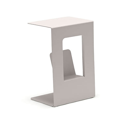 One of our beige aluminium 'Sofia' outdoor side tables, displayed on a plain white background, viewed from a back angle.
