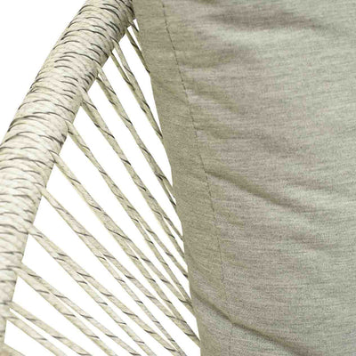 Close up on the wicker design & upholstery of a white & grey wicker outdoor wicker lounge from the 'Spade' range displayed on a plain white background.