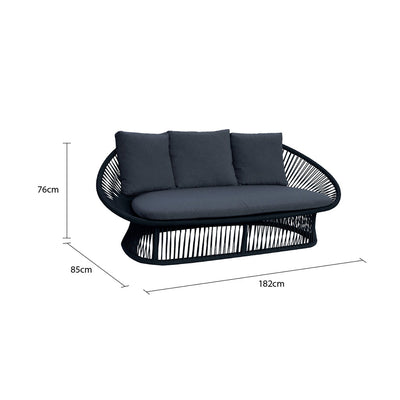 Black 2-seater outdoor rope lounge from the 'Spade' range displayed on a plain white background, viewed from the front. Its measurements are shown at 182 cm long, 85 cm wide, and 76 cm tall.