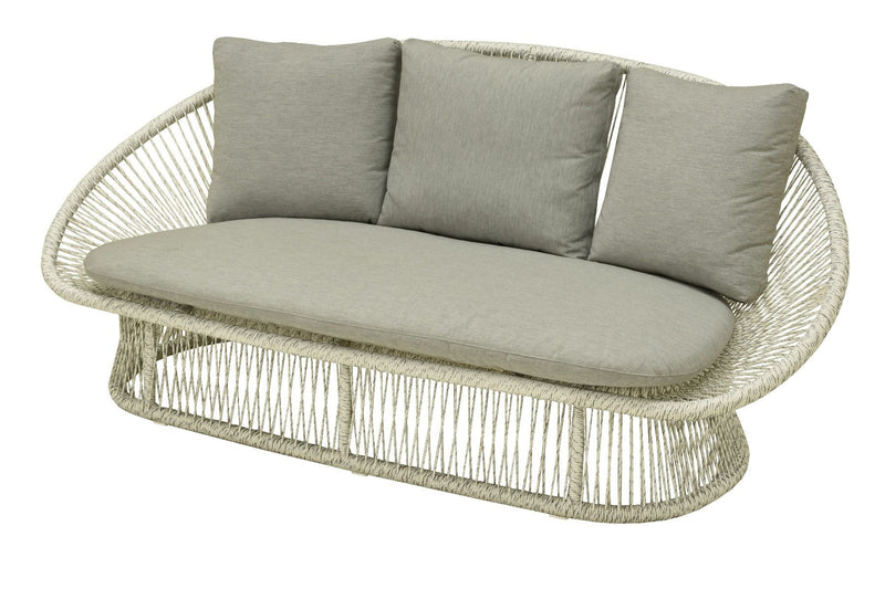 White & grey 2-seater outdoor wicker lounge displayed on a plain white background, viewed from a front angle.