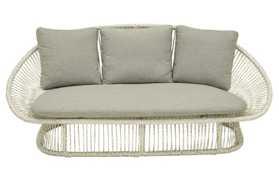 White & grey 2-seater outdoor wicker lounge displayed on a plain white background, viewed from the front.
