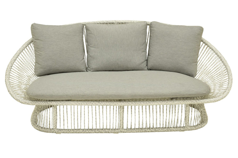 White & grey 2-seater outdoor wicker lounge displayed on a plain white background, viewed from the front.