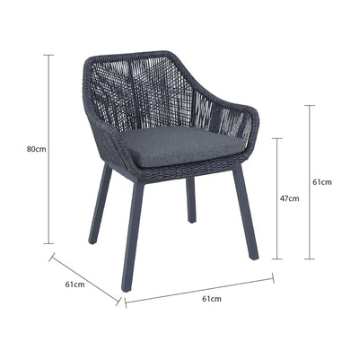 Black String wicker outdoor chair, perfect for alfresco furniture setups, displayed on a plain white background, viewed from a front angle. Its measurements are shown at 61 cm long, 61 cm wide, and 80 cm tall.
