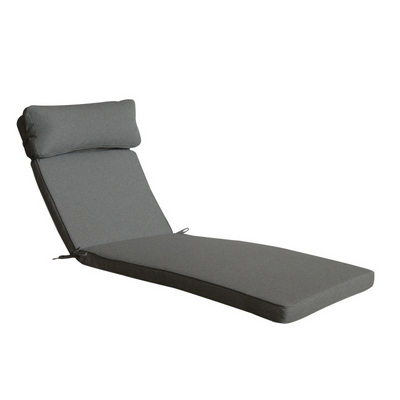 Dark-grey outdoor sun lounger cushion with headrest displayed on a plain white background, viewed from a side angle.