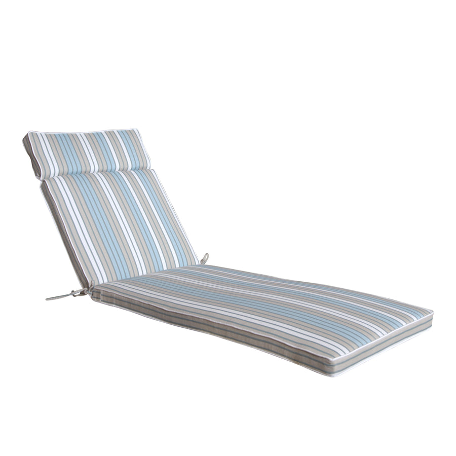 Blue & white striped outdoor sun lounger cushion displayed on a plain white background, viewed from a side angle.