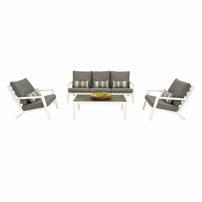 Aluminium outdoor furniture set from Toronto Outdoor Range, featuring outdoor lounge with couch, chair, footrest, and coffee table.