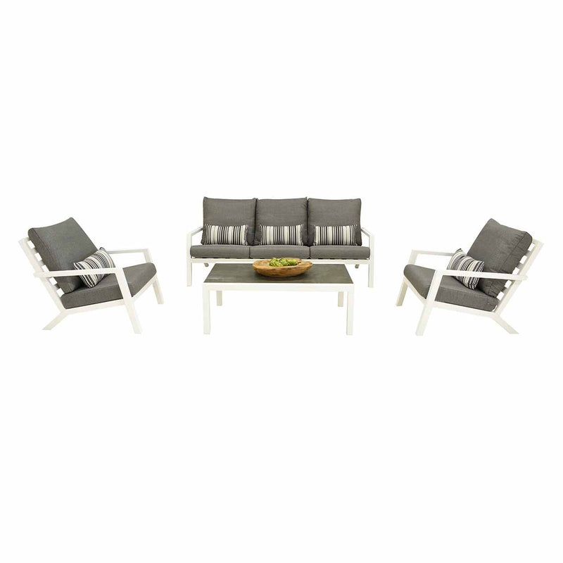 Aluminium outdoor furniture set from Toronto Outdoor Range, featuring outdoor lounge with couch, chair, footrest, and coffee table.