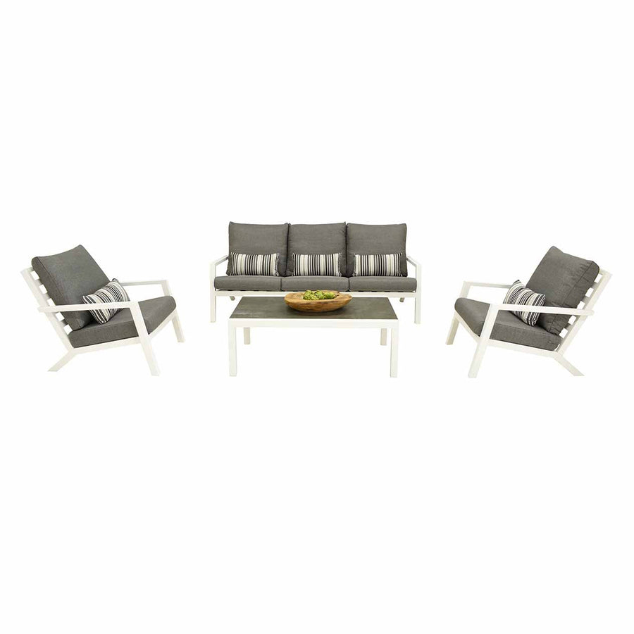 Outdoor furniture set: aluminium 5-seater lounge with white frame, light grey fabric, coffee table; outdoor lounge chair.