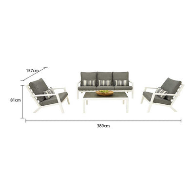 Drawing of aluminium outdoor furniture set from Toronto Outdoor Range, featuring outdoor lounge with armchair, 3-seater, footrest, and coffee table.