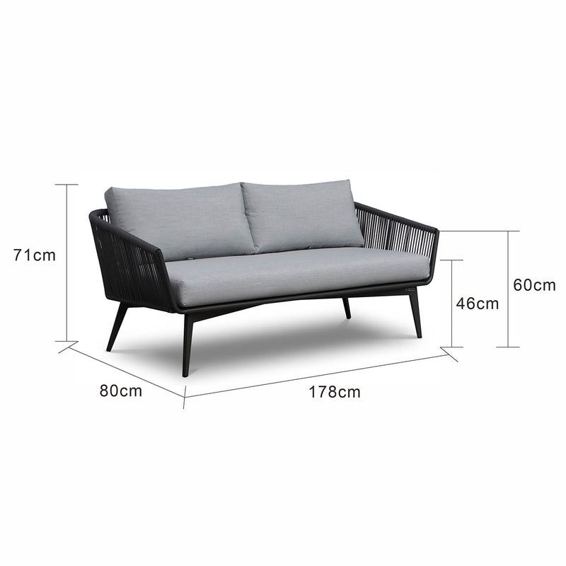 Outdoor furniture from Truro Rope Series, featuring a black and white outdoor lounge rope chair with a gray cushion.