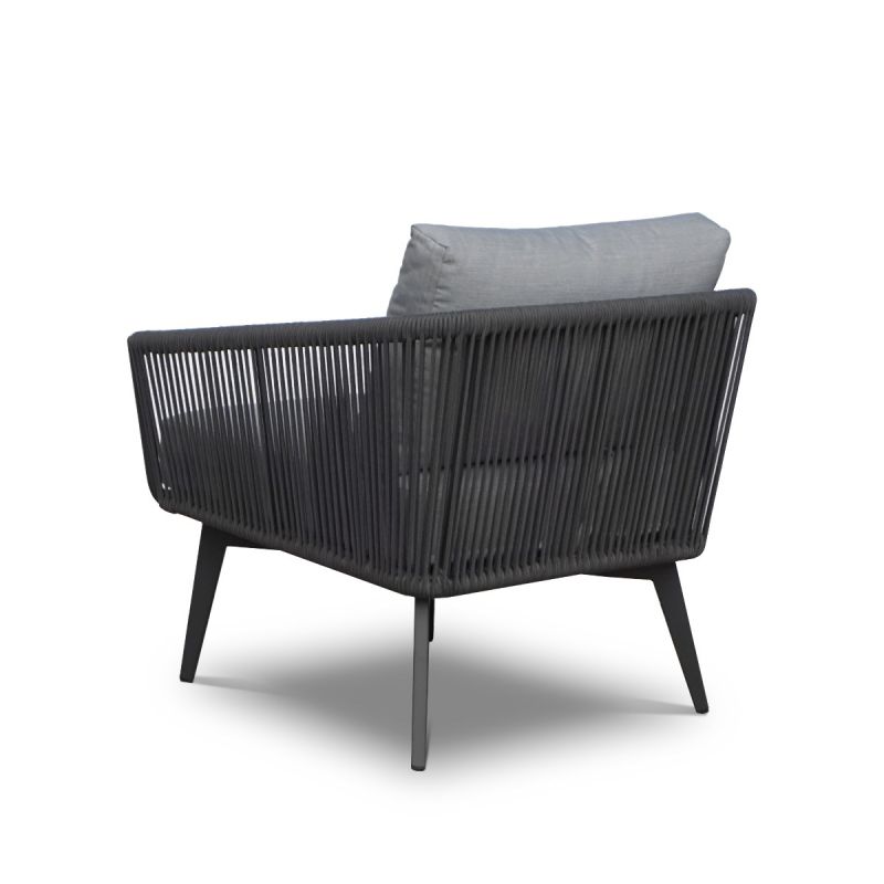 Outdoor furniture Truro Rope Series featuring a black rope chair with a gray cushion, outdoor lounge chair and sofa.