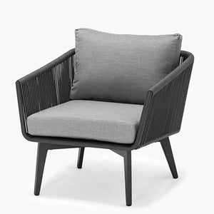 Outdoor furniture from Truro Rope Series, featuring a gray outdoor lounge rope chair with a cushion, perfect for a comfy catchup.