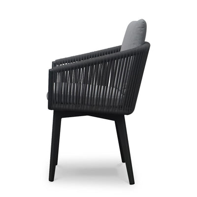 Charcoal Truro dining chair, a piece of outdoor furniture enhancing outdoor dining experience.