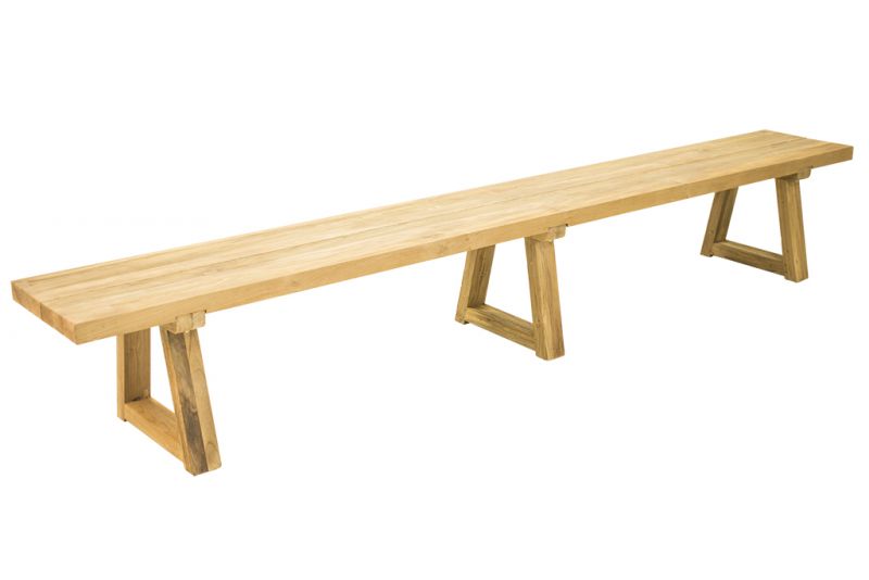 A 300 cm long golden-brown outdoor bench made of recycled teak is supported by 3 sets of sturdy wooden trapezoid legs and displayed on a plain white background, viewed from a front angle.
