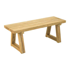 The 120 cm golden-brown 'Valley' outdoor bench, made of recycled teak, is supported by its sturdy wooden trapezoid legs, and is displayed on a plain white background, viewed from a front angle.
