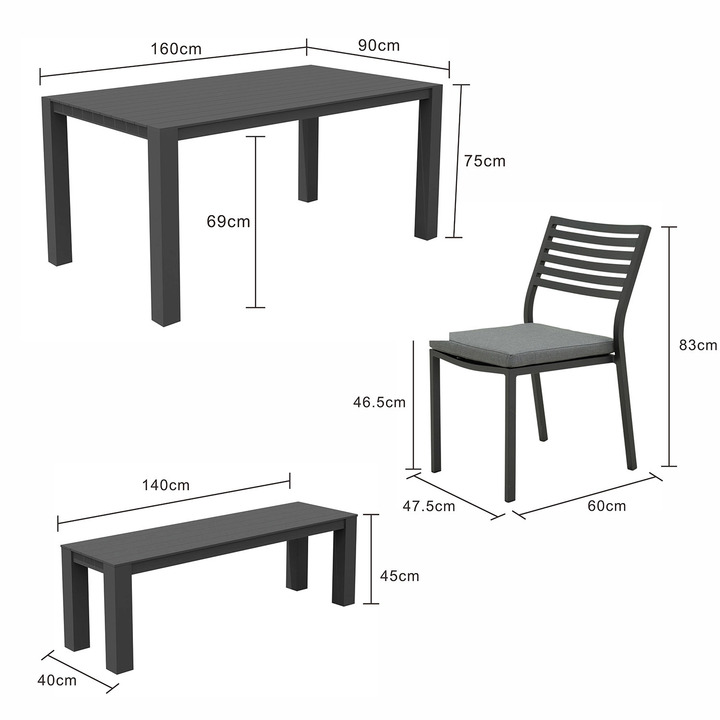 Vernon 160 cm Table Vernon 140 cm Bench and Coda Chair Outdoor Dining Setting