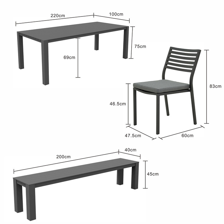 Vernon 220 cm Table Vernon 200 cm Bench and Coda Chair Outdoor Dining Setting