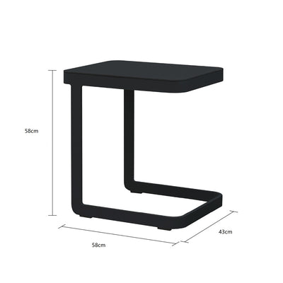 Black aluminium 'Verona' outdoor side table displayed on a plain white background, viewed from a front angle. Its measurements are shown at 58 cm long, 43 cm wide, and 58 cm tall.