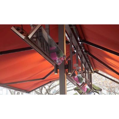 Heatscope Outdoor Vision 3200W heaters mounted on a frame, providing both warmth and shade for people in an outdoor living space.