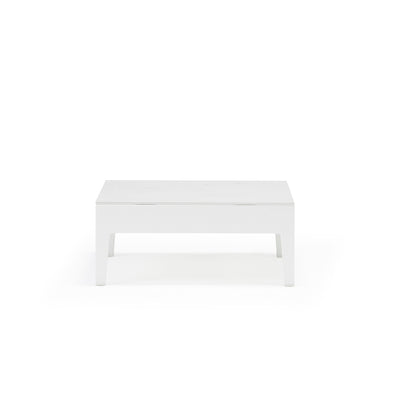 70 cm white aluminium 'Belfast' square outdoor coffee table, displayed on a plain white background, viewed from the front.