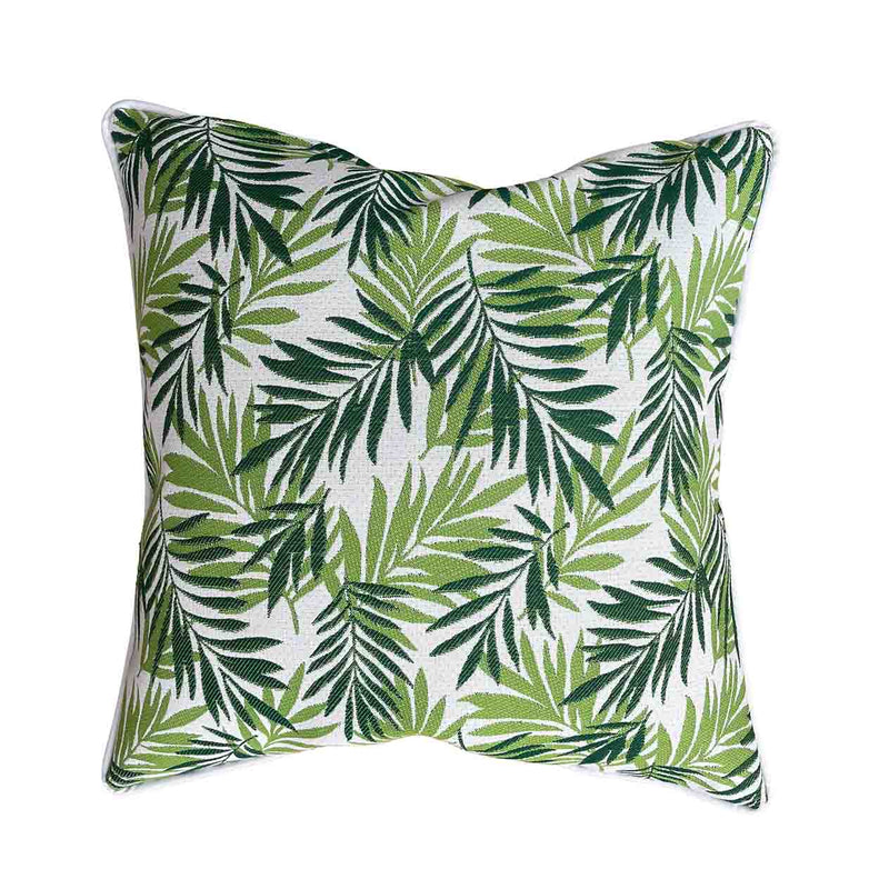 Green & white outdoor scatter cushion with an Amazon-inspired floral design, perfect for outdoor furniture setups, displayed on a plain white background, viewed from the front.