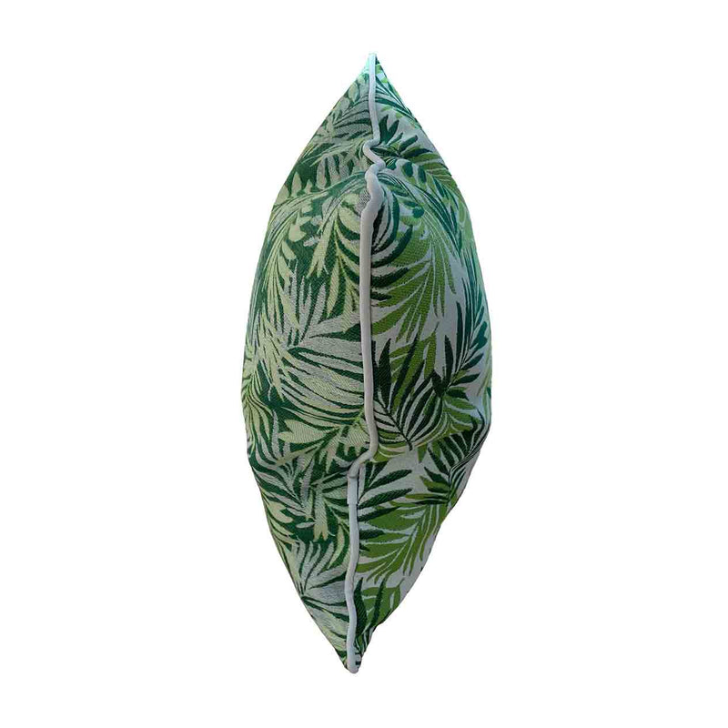 Green & white outdoor scatter cushion with an Amazon-inspired floral design, perfect for outdoor furniture setups, displayed on a plain white background, viewed from the side.