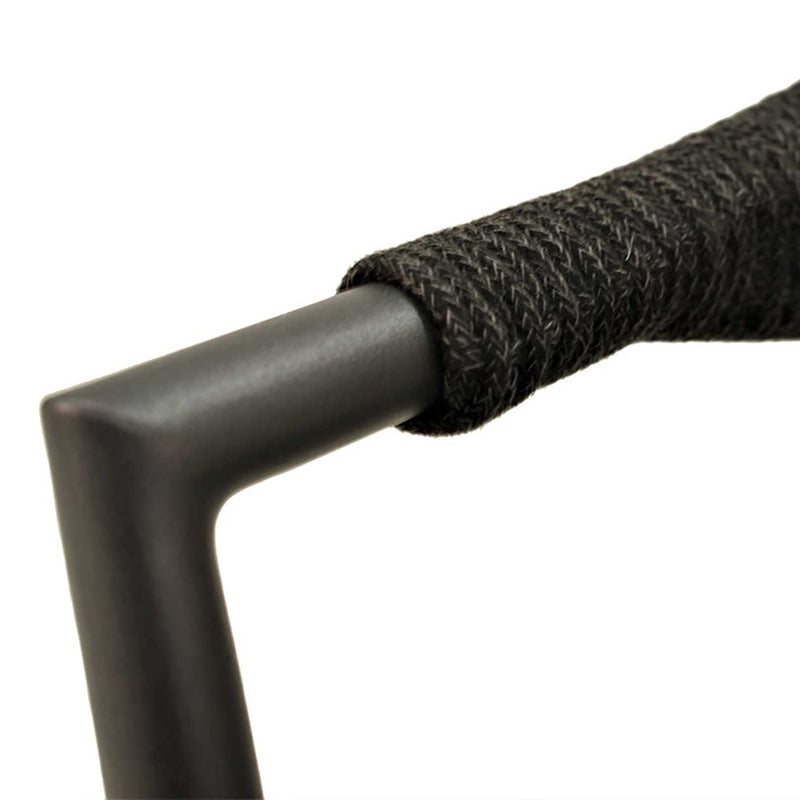 A close up of a rope dining chair with charcoal frame and charcoal fabric set against a white background. Outdoor furniture, outdoor dining furniture, Windsor Dining Chair.
