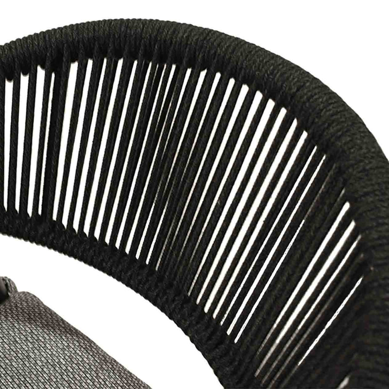 A close up of a rope dining chair with charcoal frame and charcoal fabric set against a white background. Outdoor furniture, outdoor dining furniture, Windsor Dining Chair.